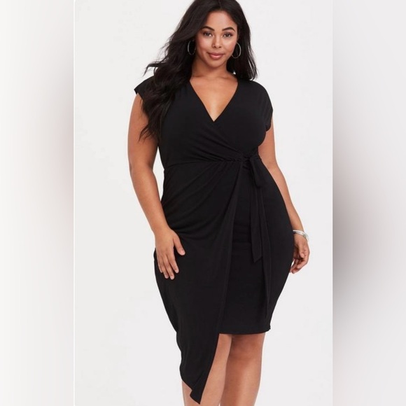 torrid Dresses & Skirts - NEW, Torrid Cap Sleeve Faux Wrap Tie Waist Asymmetrical Hem Black Jersey Dress